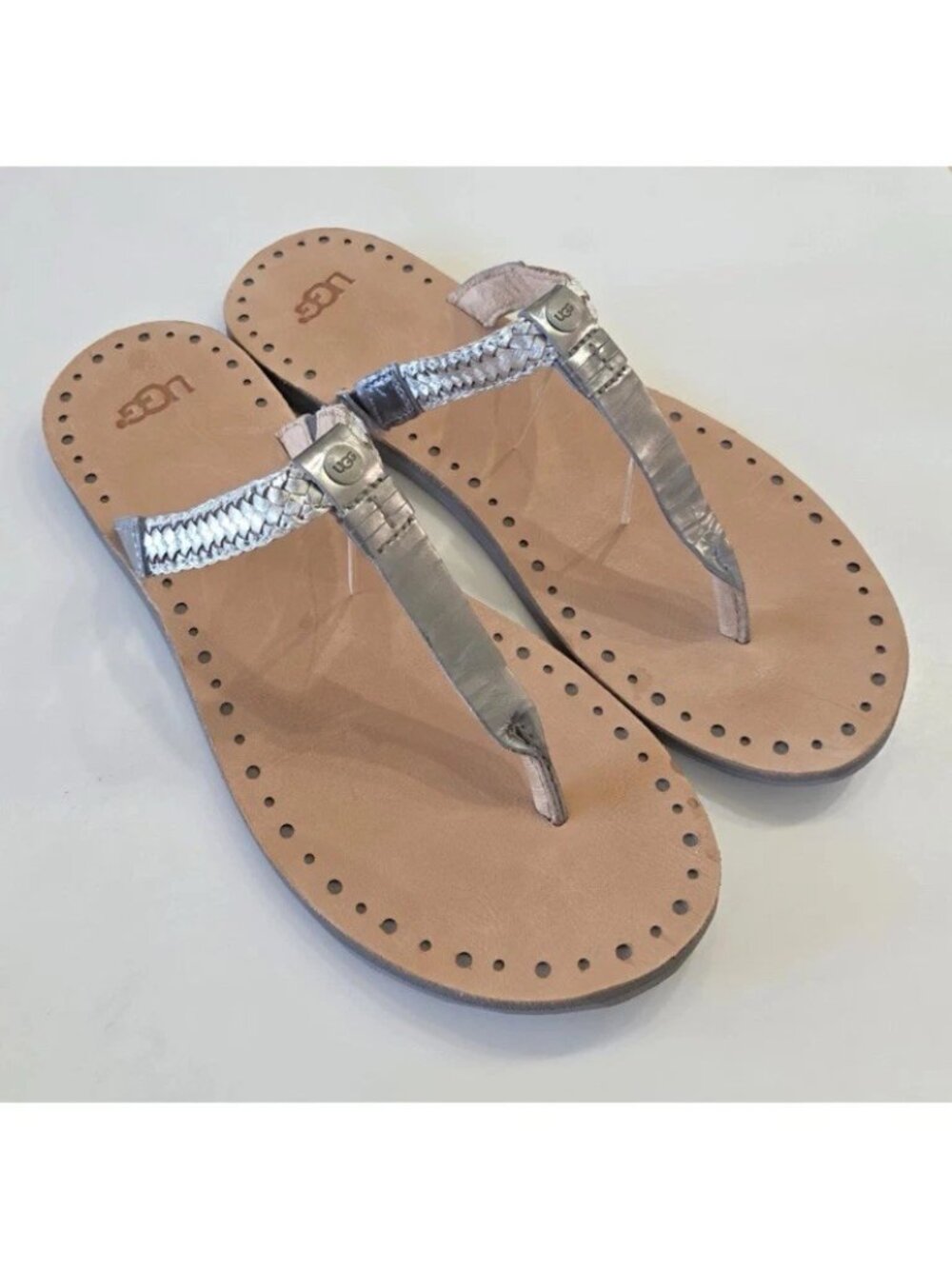 UGG Bria Women's Sz 9 Metallic Silver Braided Leather Thong Sandals Flip Flops